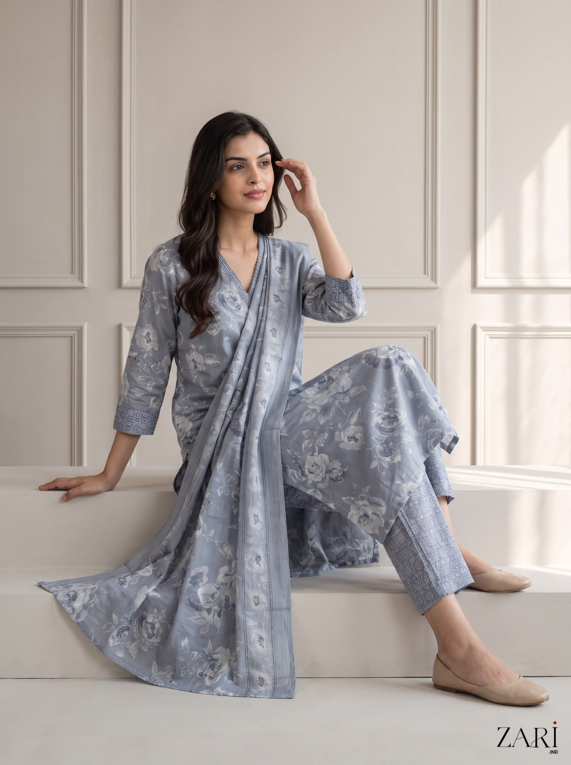 Grey-Blue Floral Cotton Kurta Set