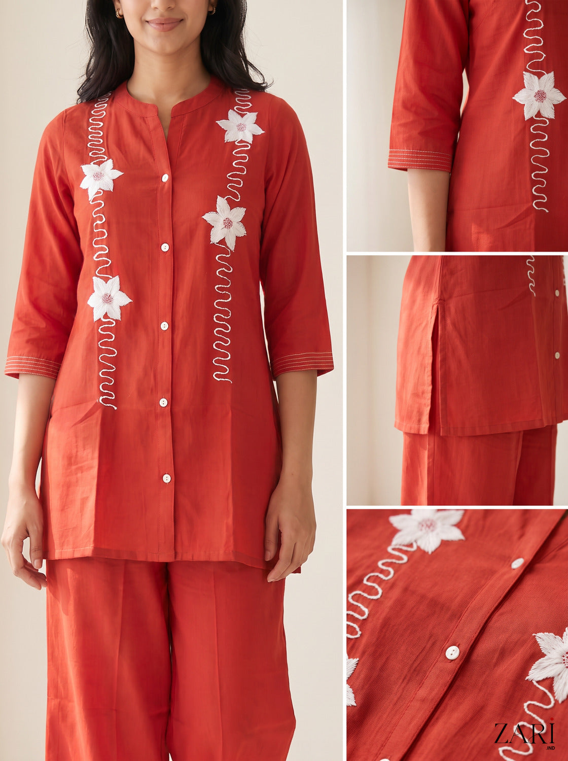 Rust Red Cotton Co-ord Set with White Floral Applique Work