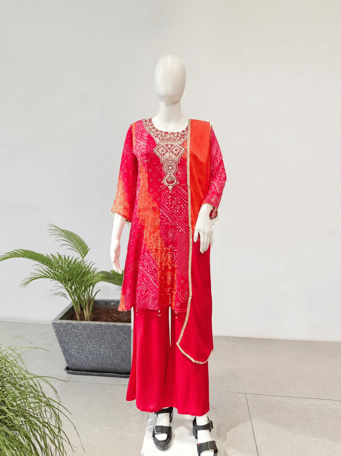 Pink Bandhani Print Kurta Set with Embroidered Dupatta