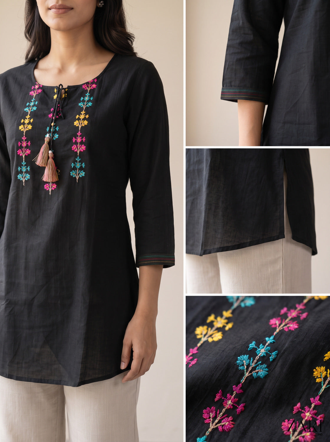 Black Cotton Kurti with Multicolor Embroidery & Tassels