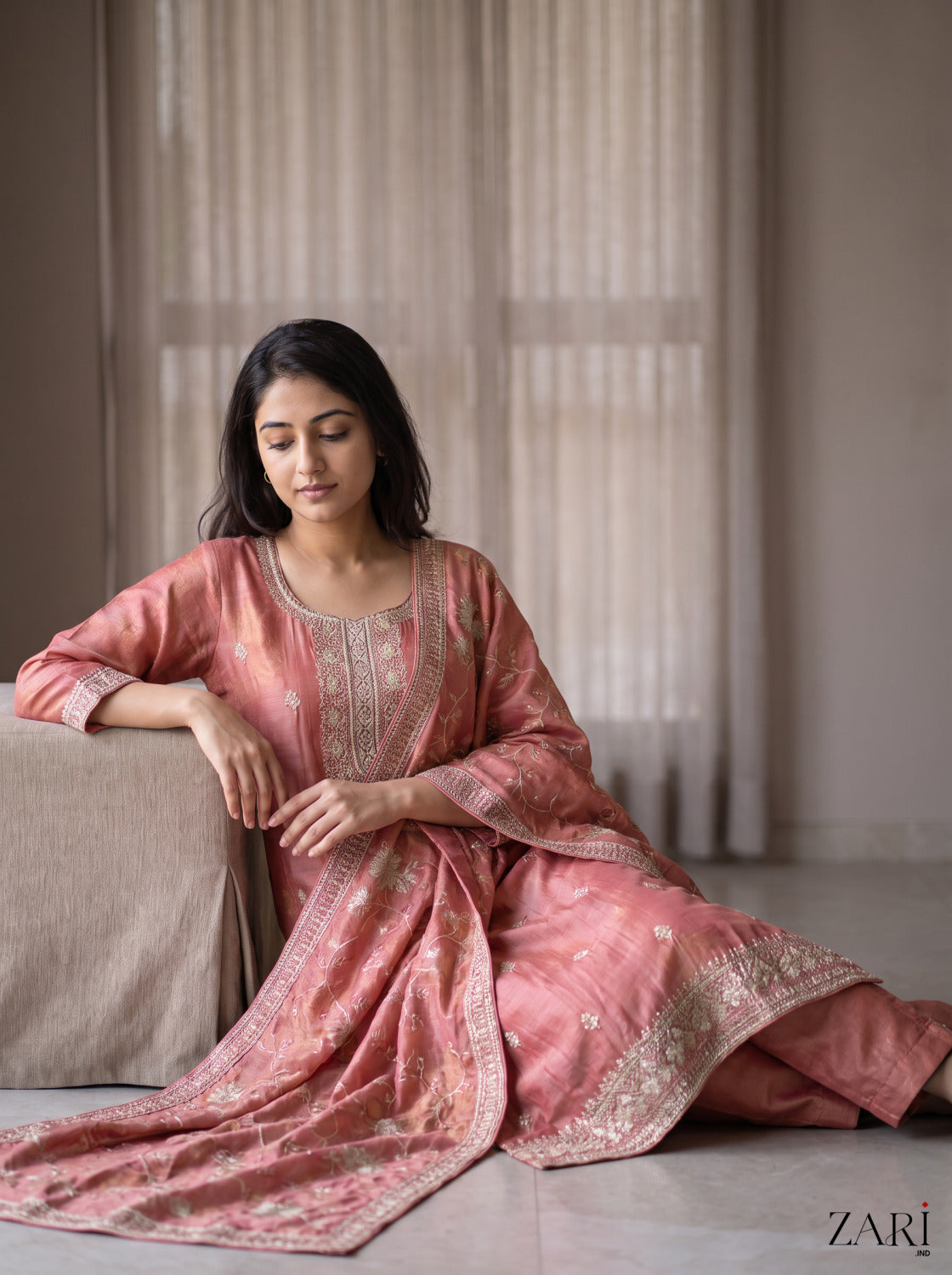 Coral Pink Zari Embroidered Kurta Set