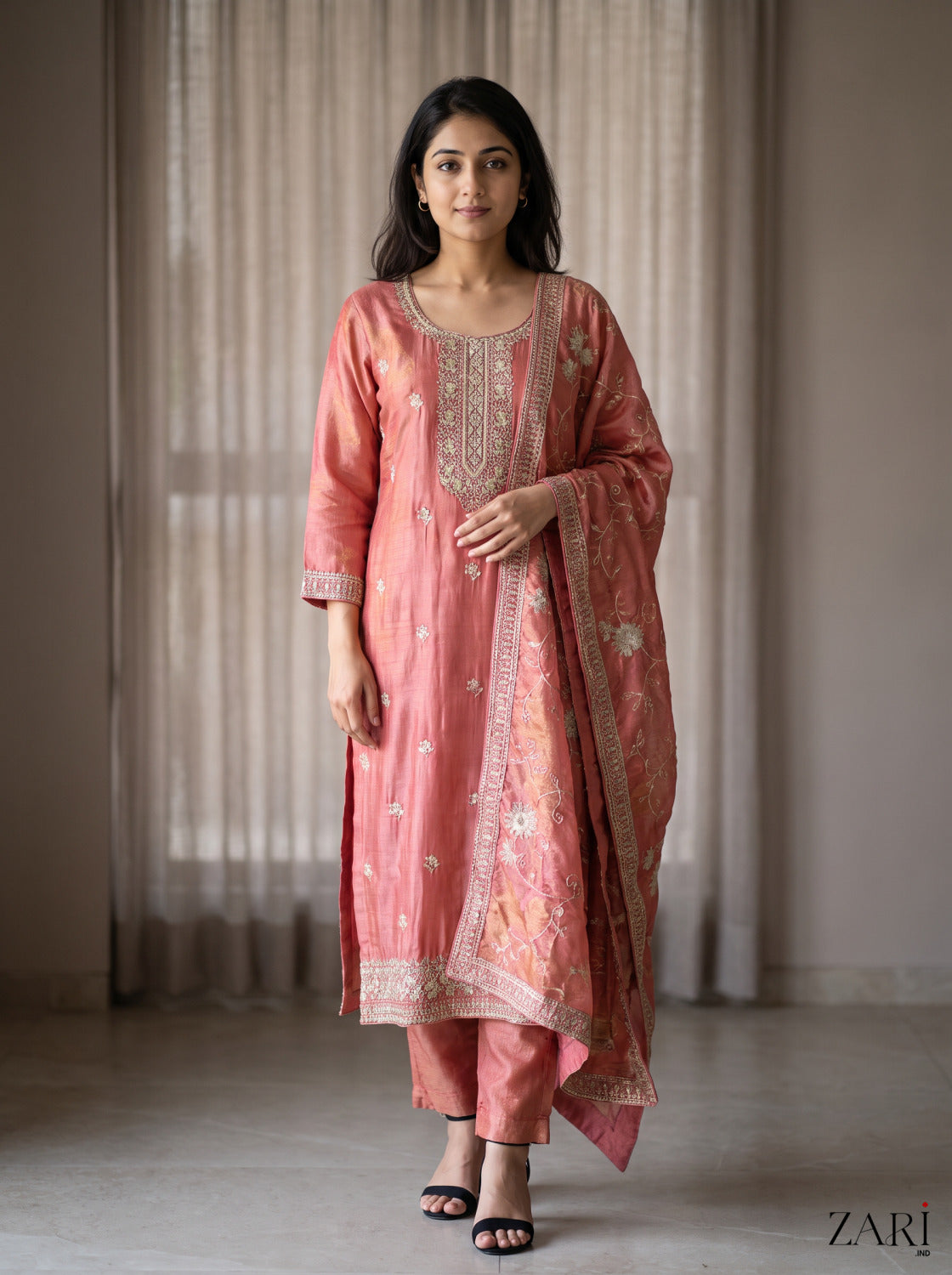 Coral Pink Zari Embroidered Kurta Set