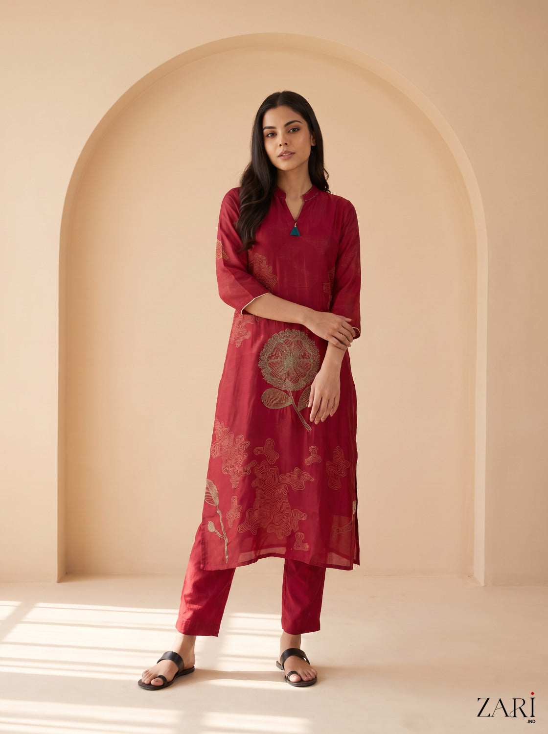 Crimson Bloom Embroidered Kurta Pant Set