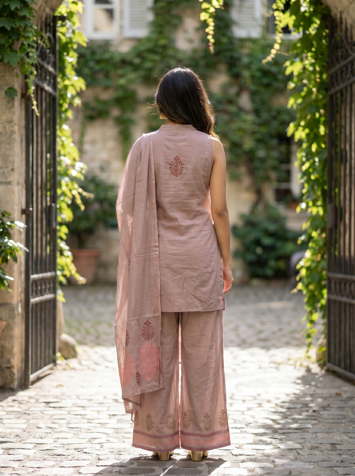 Royal Dusty Rose Embroidered Straight Kurta with Trousers & Dupatta