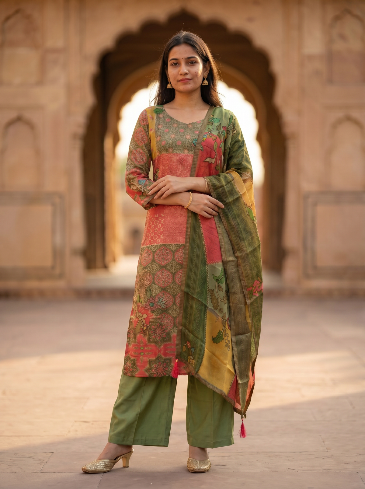 Rich Silk Embroidered Straight Kurta with Trousers & Dupatta