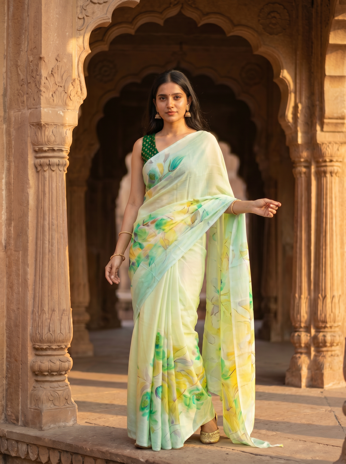 Pista coloured Chiffon sare