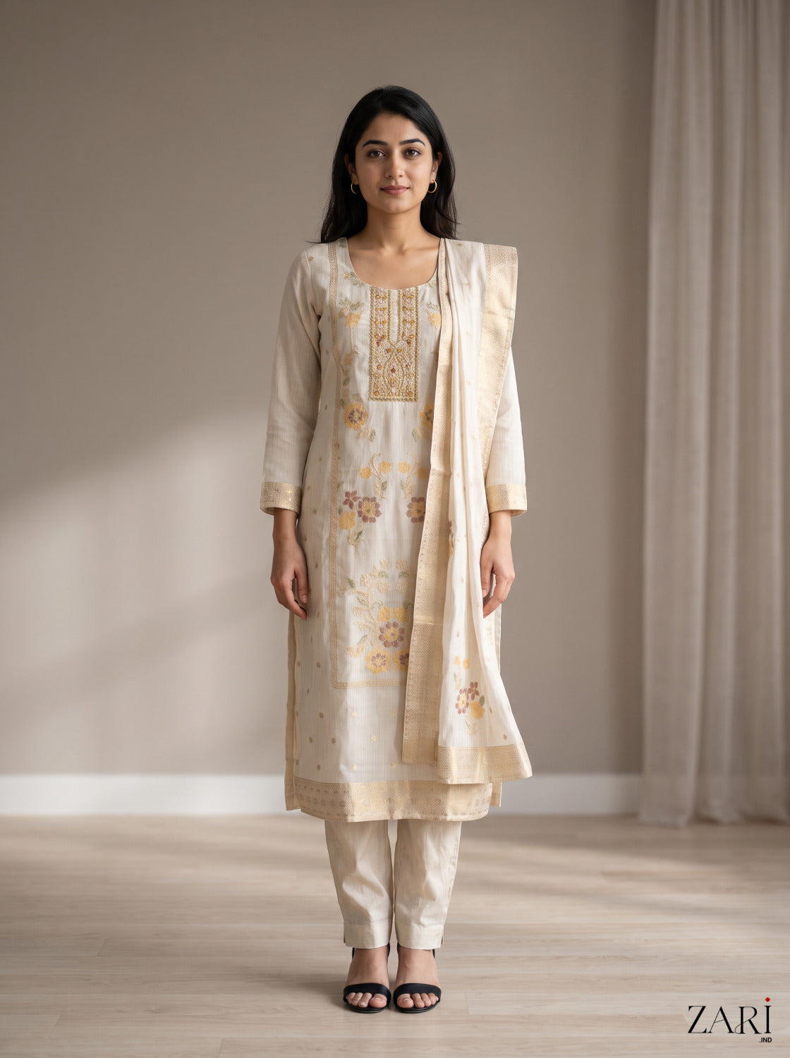 Ivory Gold Zari Kurta Set with Dupatta