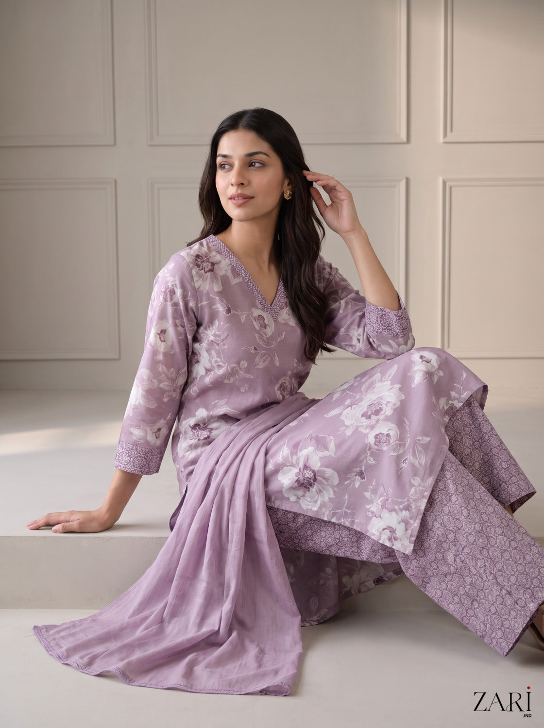 Lavender Floral Print Kurta Set with Dupatta