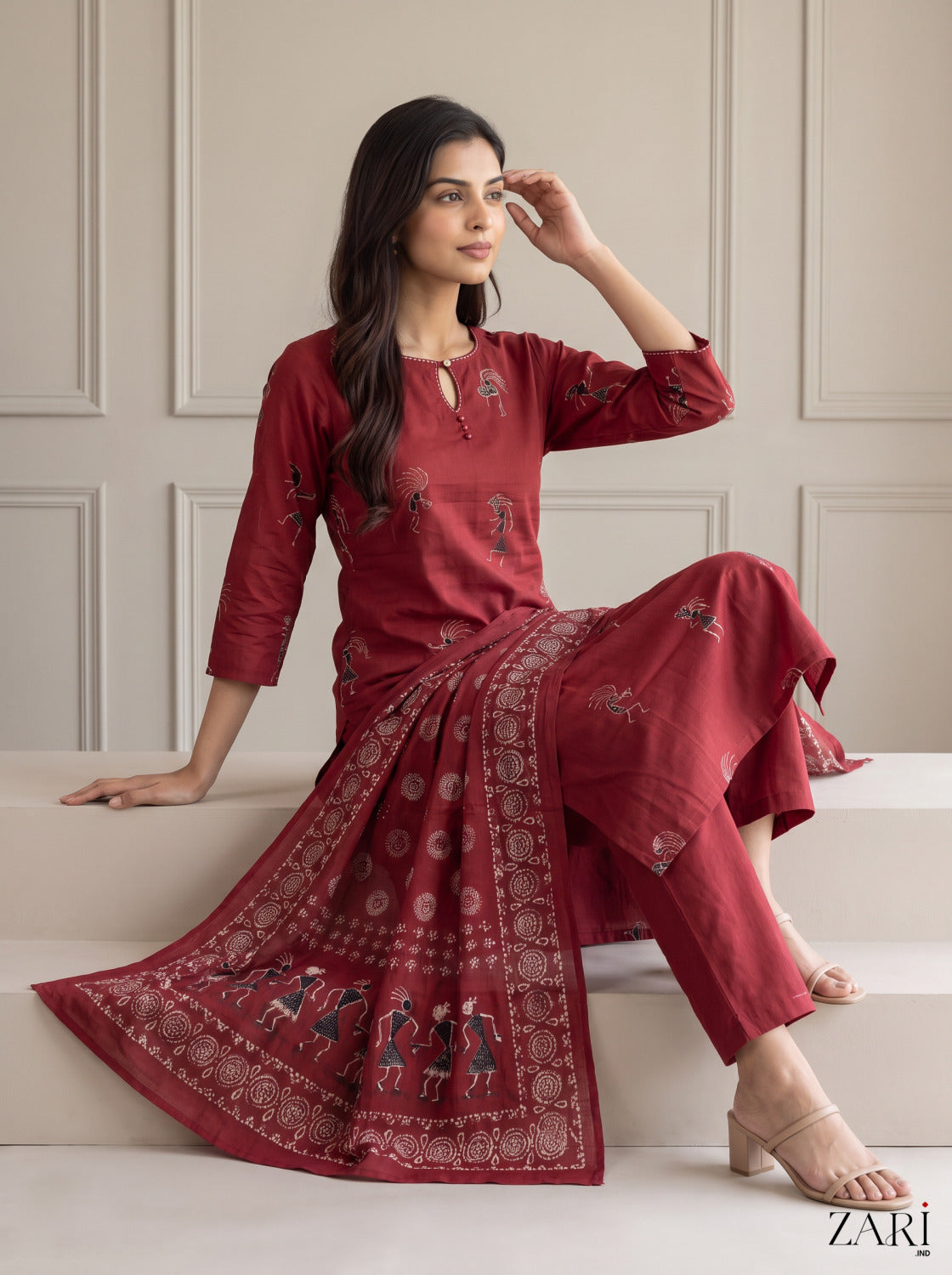 Maroon Warli Print Kurta Set with Dupatta