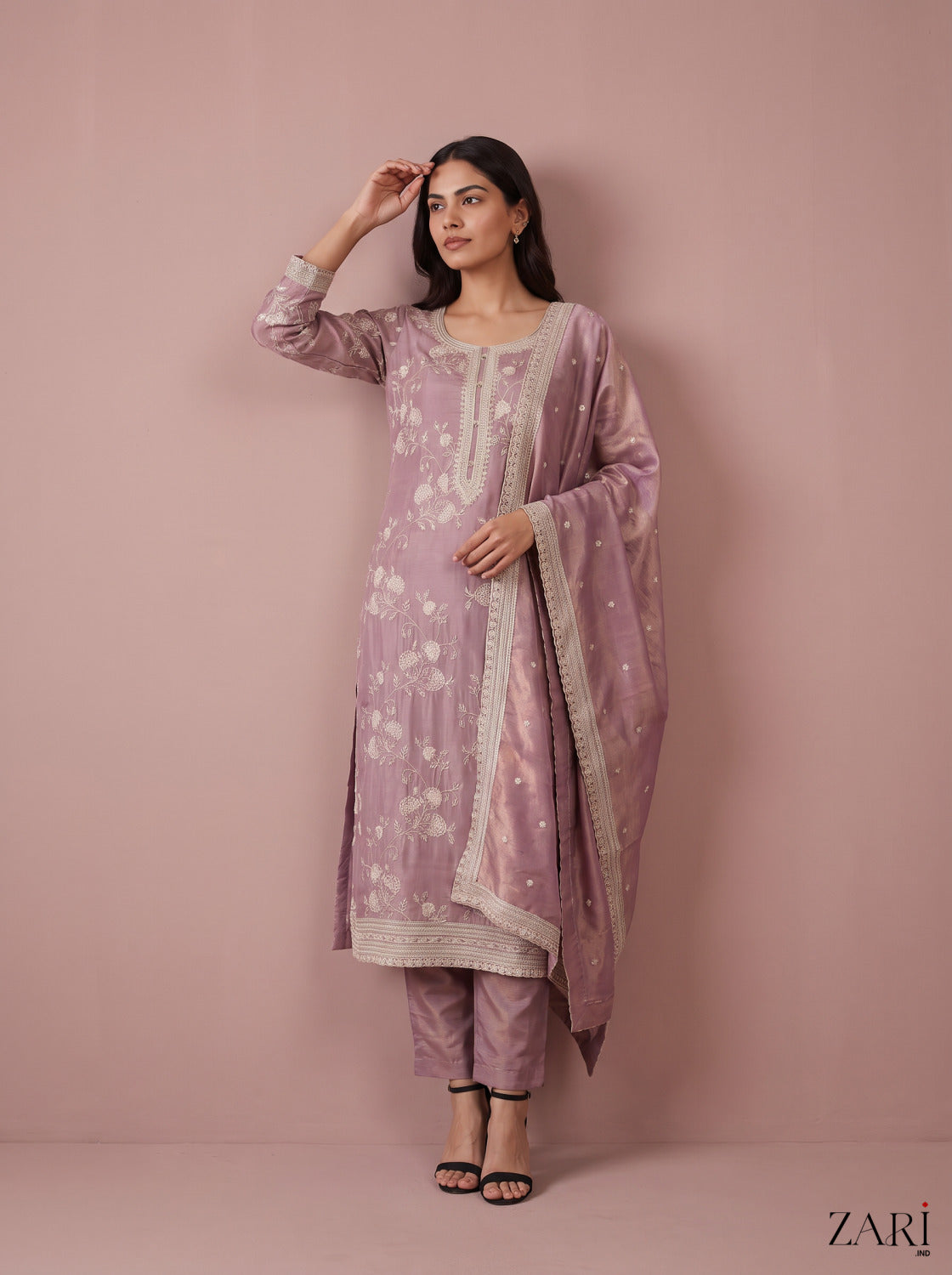 Mauve Chikankari-Style Kurta Set with Tissue Dupatta