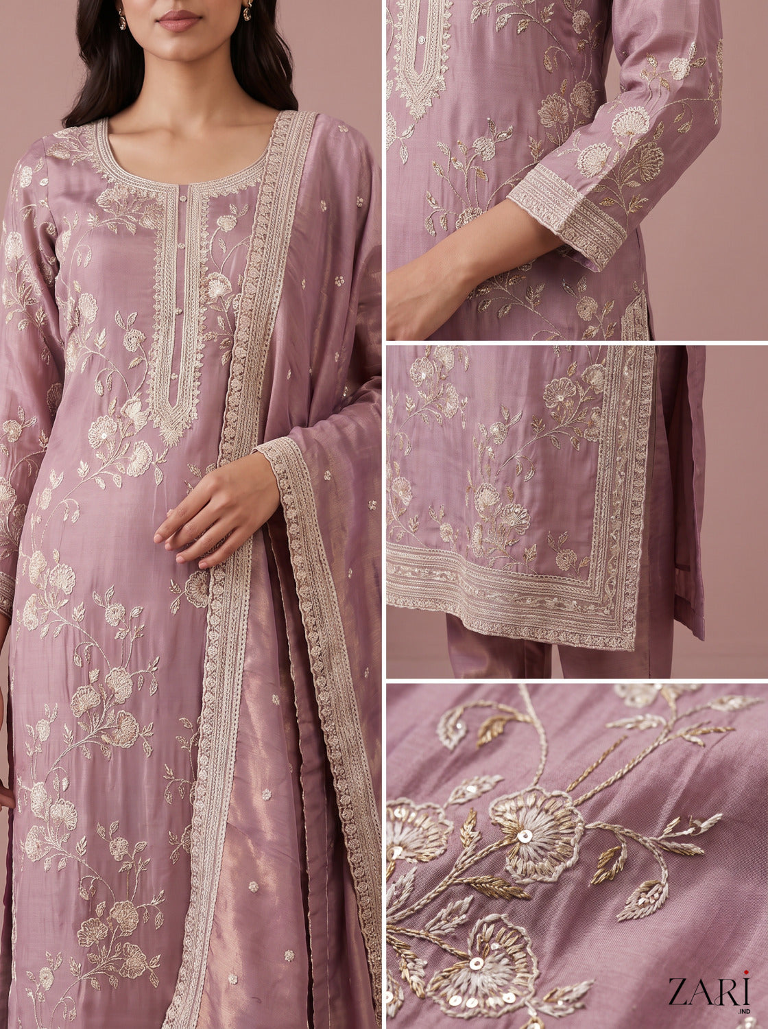 Mauve Chikankari-Style Kurta Set with Tissue Dupatta