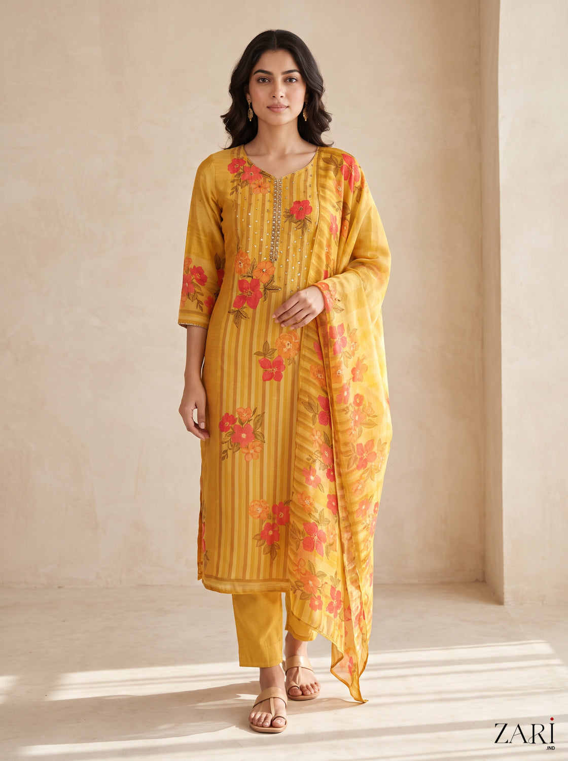 Mustard Floral Print Kurta Set with Dupatta