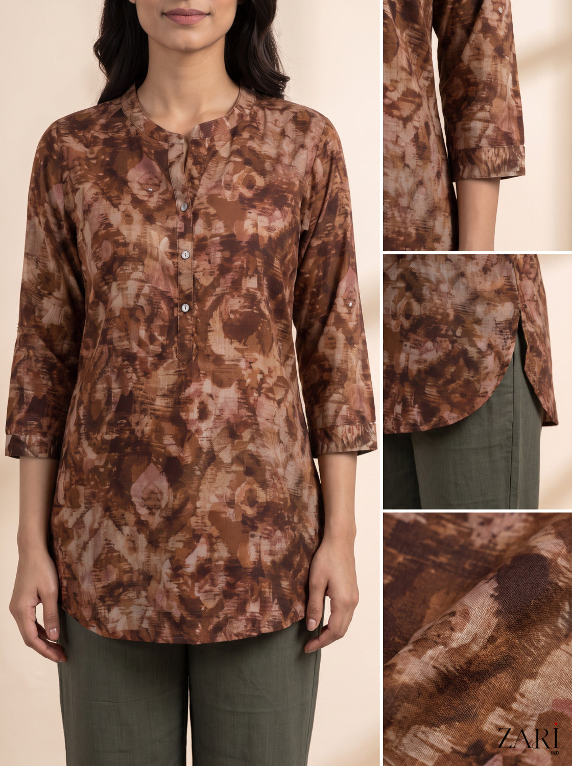 Rust Brown Abstract Print Cotton Tunic with Olive Green Pants