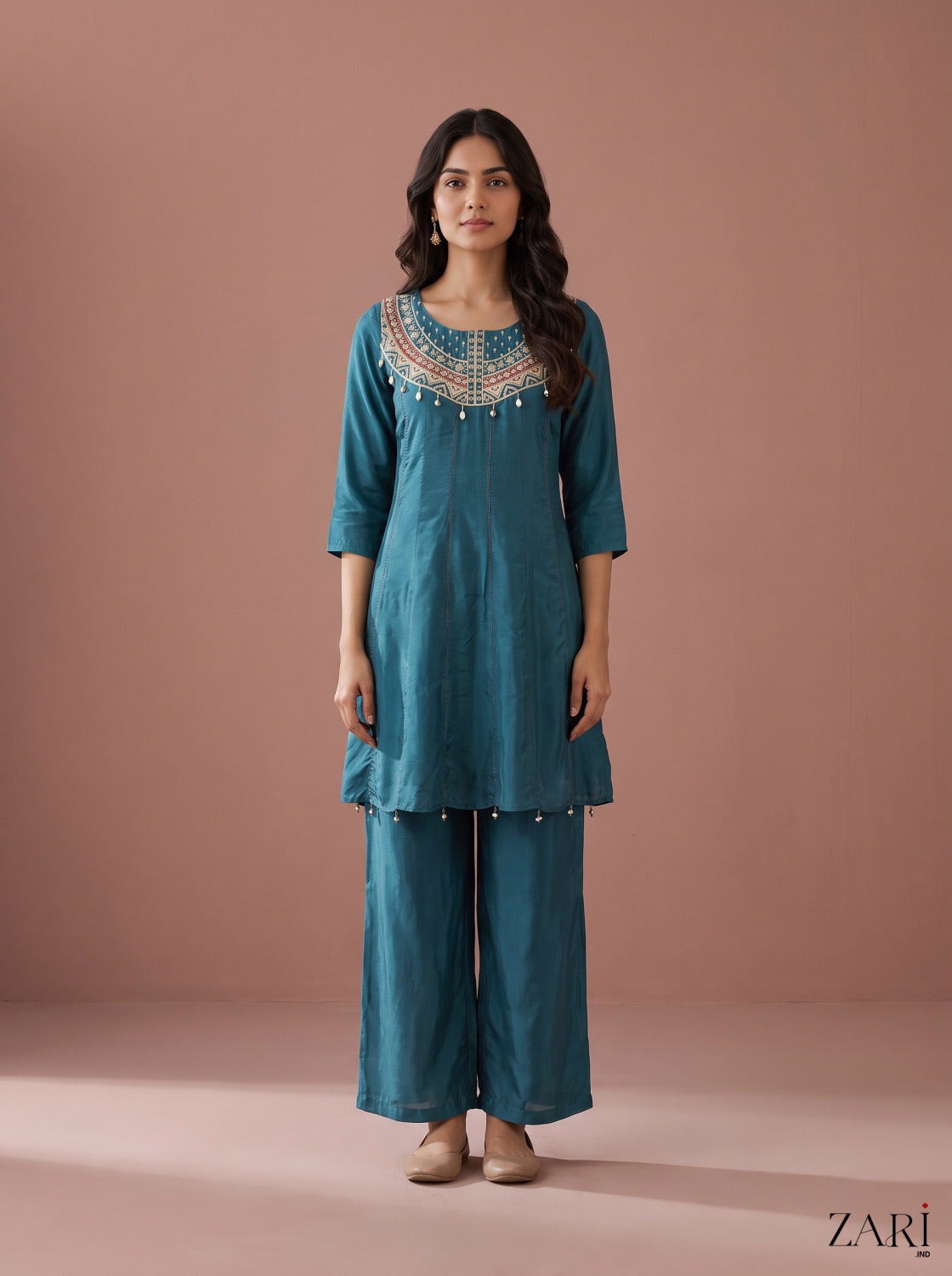 Teal Kurta Palazzo Set with Embroidered Yoke