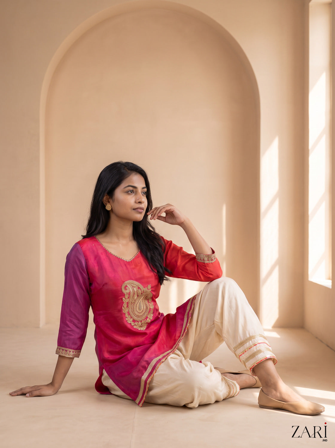Rani Pink Silk Kurta with Cream Pants