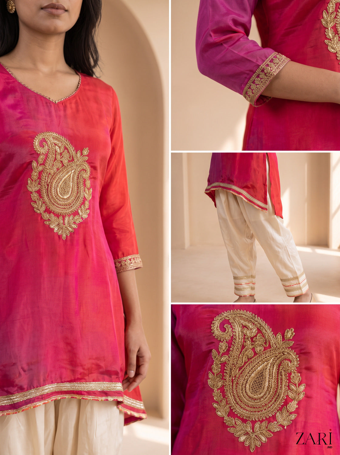 Rani Pink Silk Kurta with Cream Pants