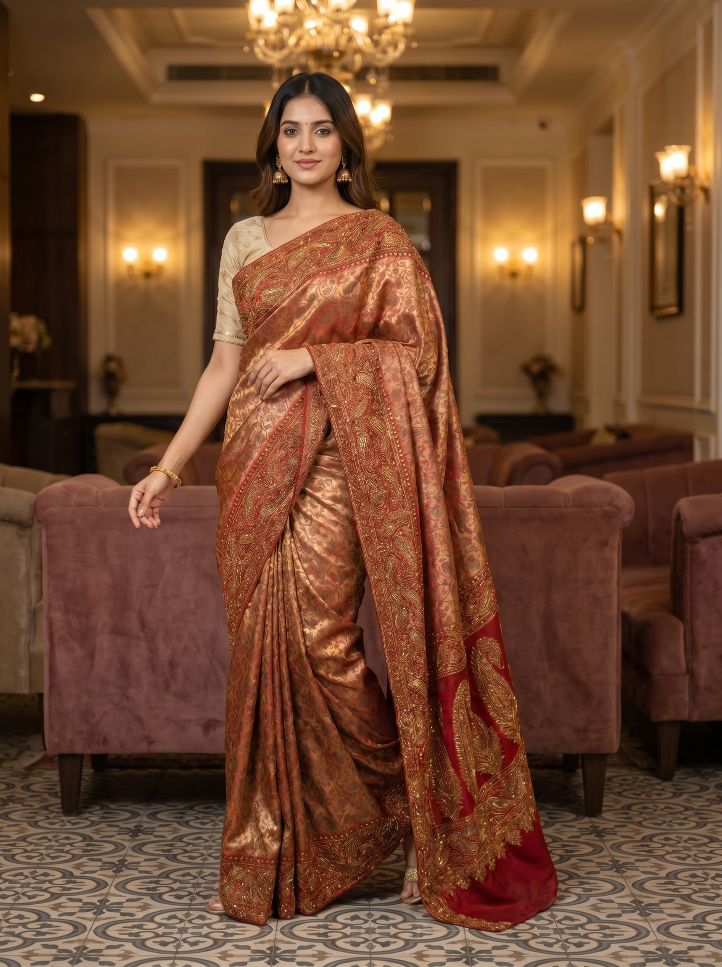 Copper Brown Silk saree with Embroidery
