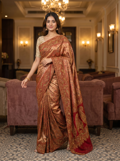 Copper Brown Silk saree with Embroidery