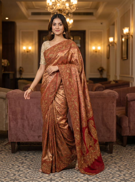Copper Brown Silk saree with Embroidery