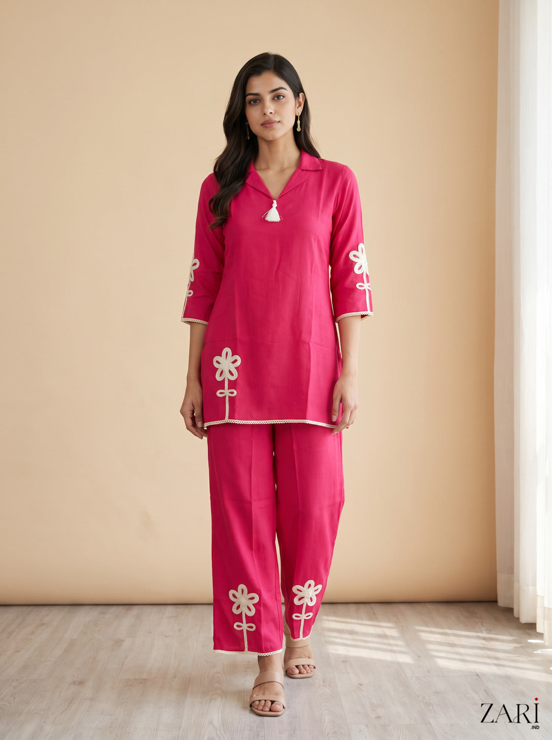 Hot Pink Co-ord Set with Cream Floral Applique & Lace Trim