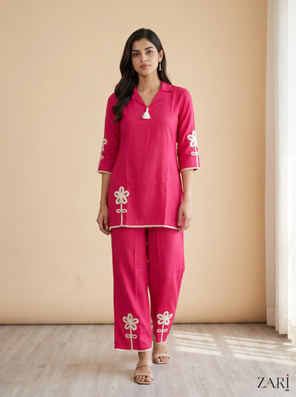 Hot Pink Co-ord Set with Cream Floral Applique & Lace Trim