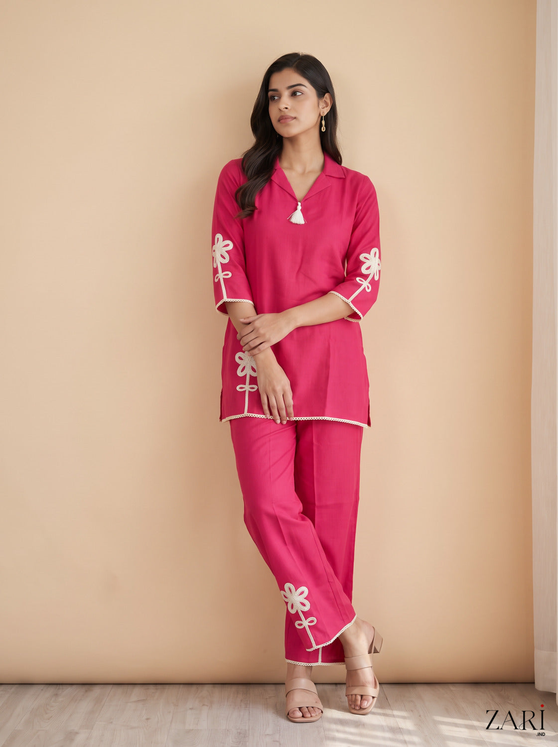 Hot Pink Co-ord Set with Cream Floral Applique & Lace Trim