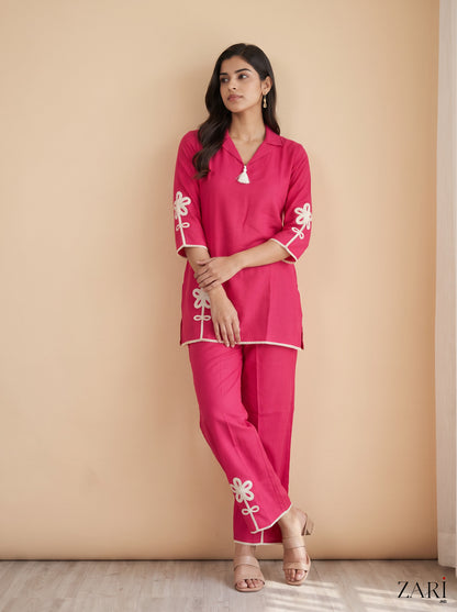 Hot Pink Co-ord Set with Cream Floral Applique & Lace Trim