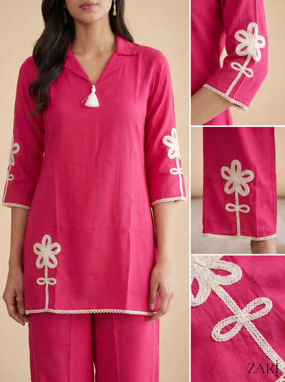 Hot Pink Co-ord Set with Cream Floral Applique & Lace Trim