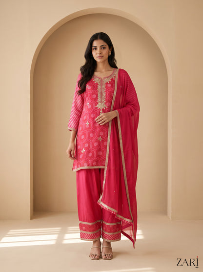 Red Printed Embroidered Suit