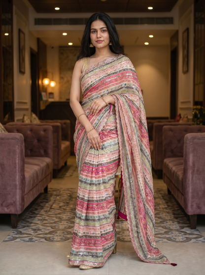 Multicoloured Pink Chiffon Saree