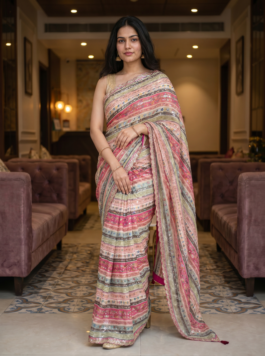 Multicoloured Pink Chiffon Saree