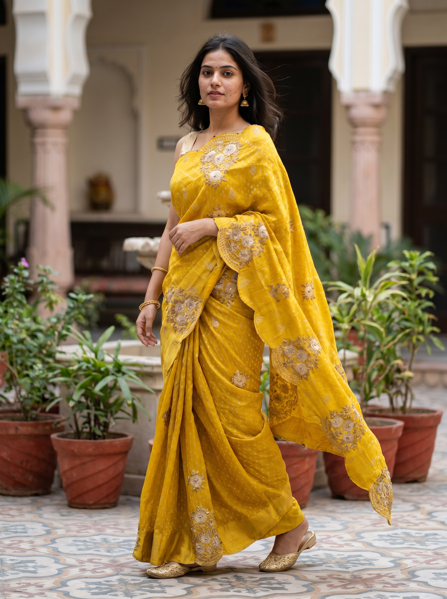 Mustard Yellow Cotton Saree in White Embroidery