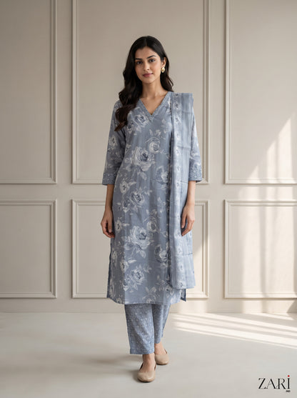 Grey-Blue Floral Cotton Kurta Set