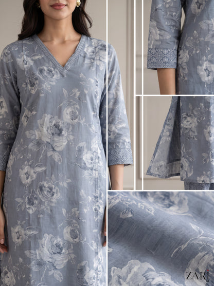 Grey-Blue Floral Cotton Kurta Set