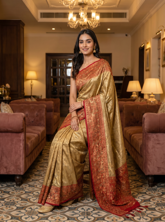 Golden Banarasi Silk Saree with hand Embroidery