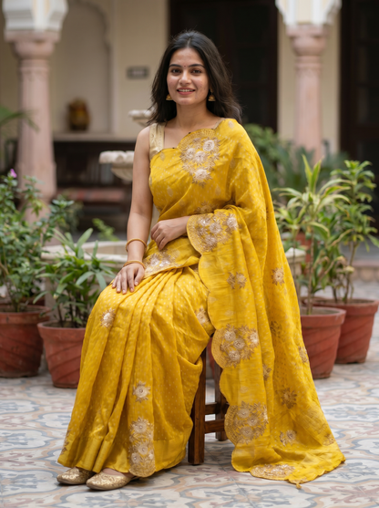Mustard Yellow Cotton Saree in White Embroidery