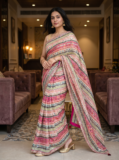 Multicoloured Pink Chiffon Saree
