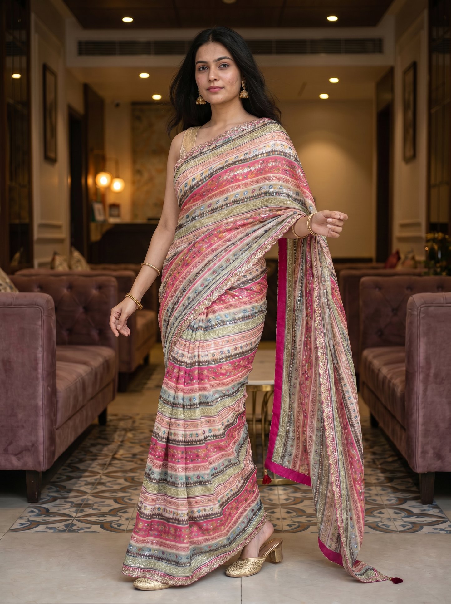 Multicoloured Pink Chiffon Saree