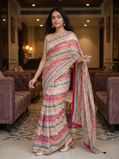 Multicoloured Pink Chiffon Saree