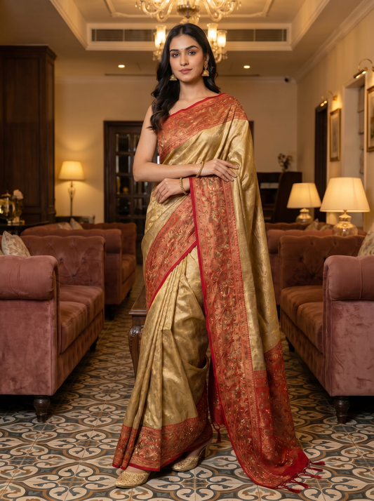 Golden Banarasi Silk Saree with hand Embroidery