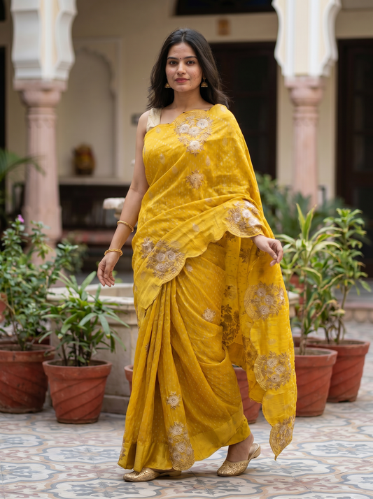 Mustard Yellow Cotton Saree in White Embroidery
