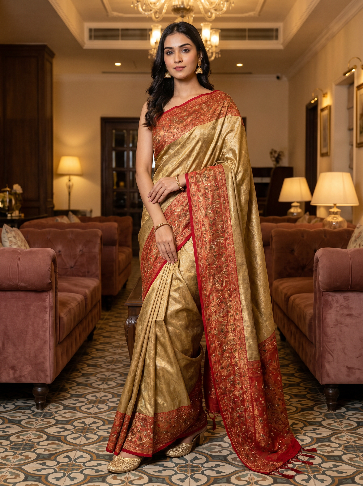 Golden Banarasi Silk Saree with hand Embroidery