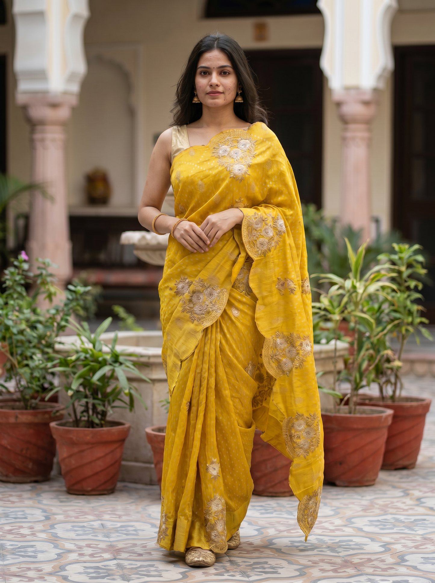 Mustard Yellow Cotton Saree in White Embroidery