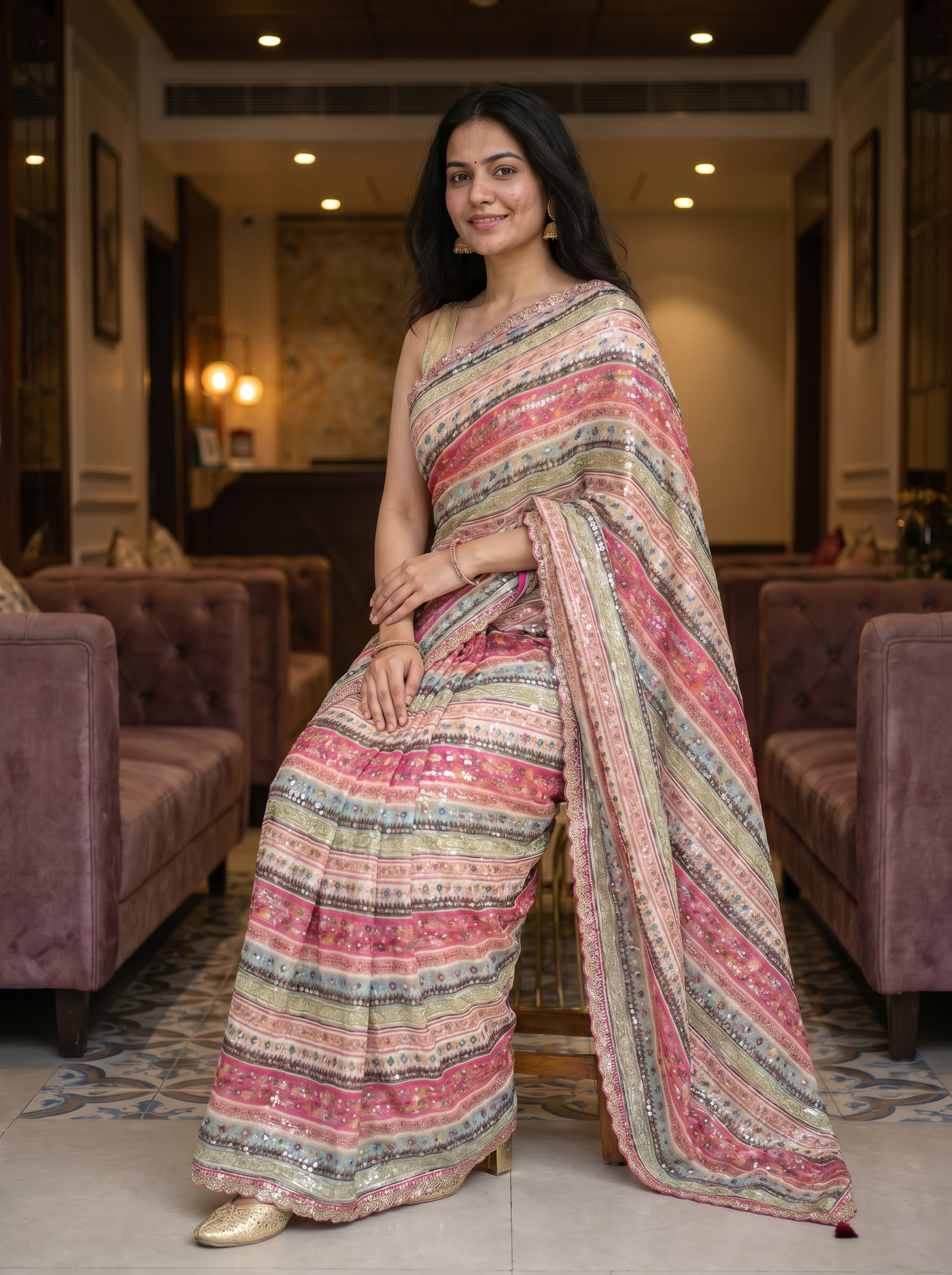 Multicoloured Pink Chiffon Saree