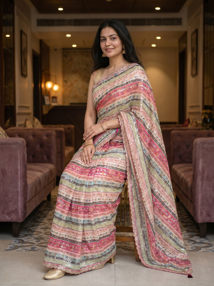 Multicoloured Pink Chiffon Saree