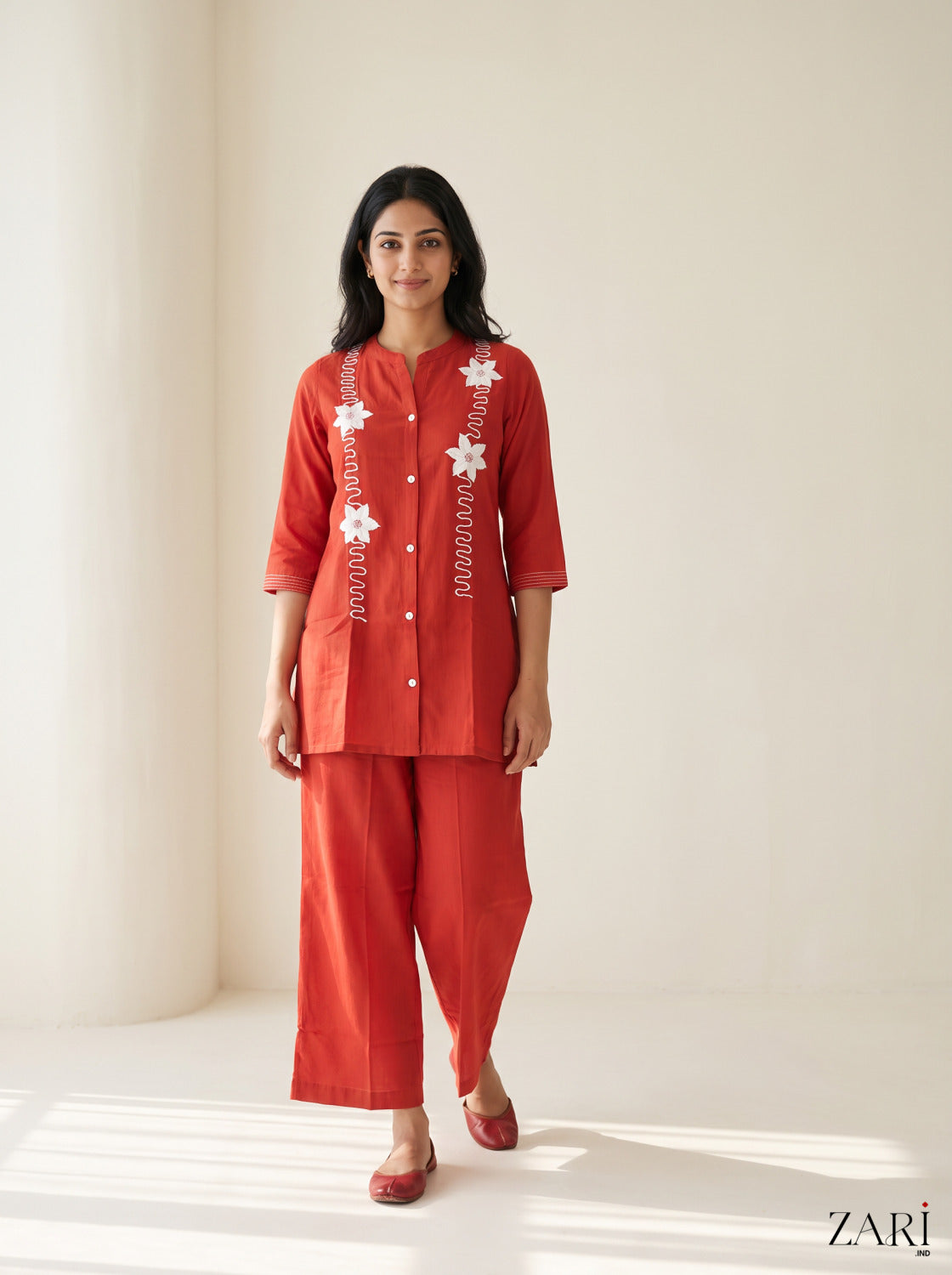 Rust Red Cotton Co-ord Set with White Floral Applique Work
