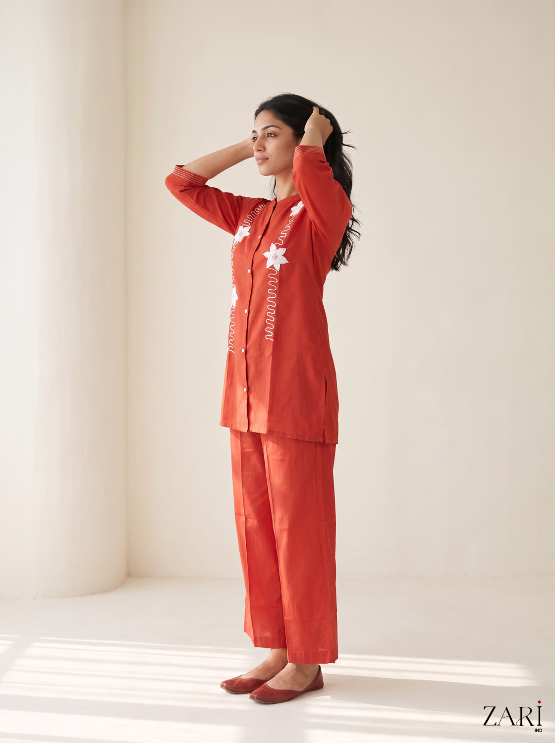 Rust Red Cotton Co-ord Set with White Floral Applique Work