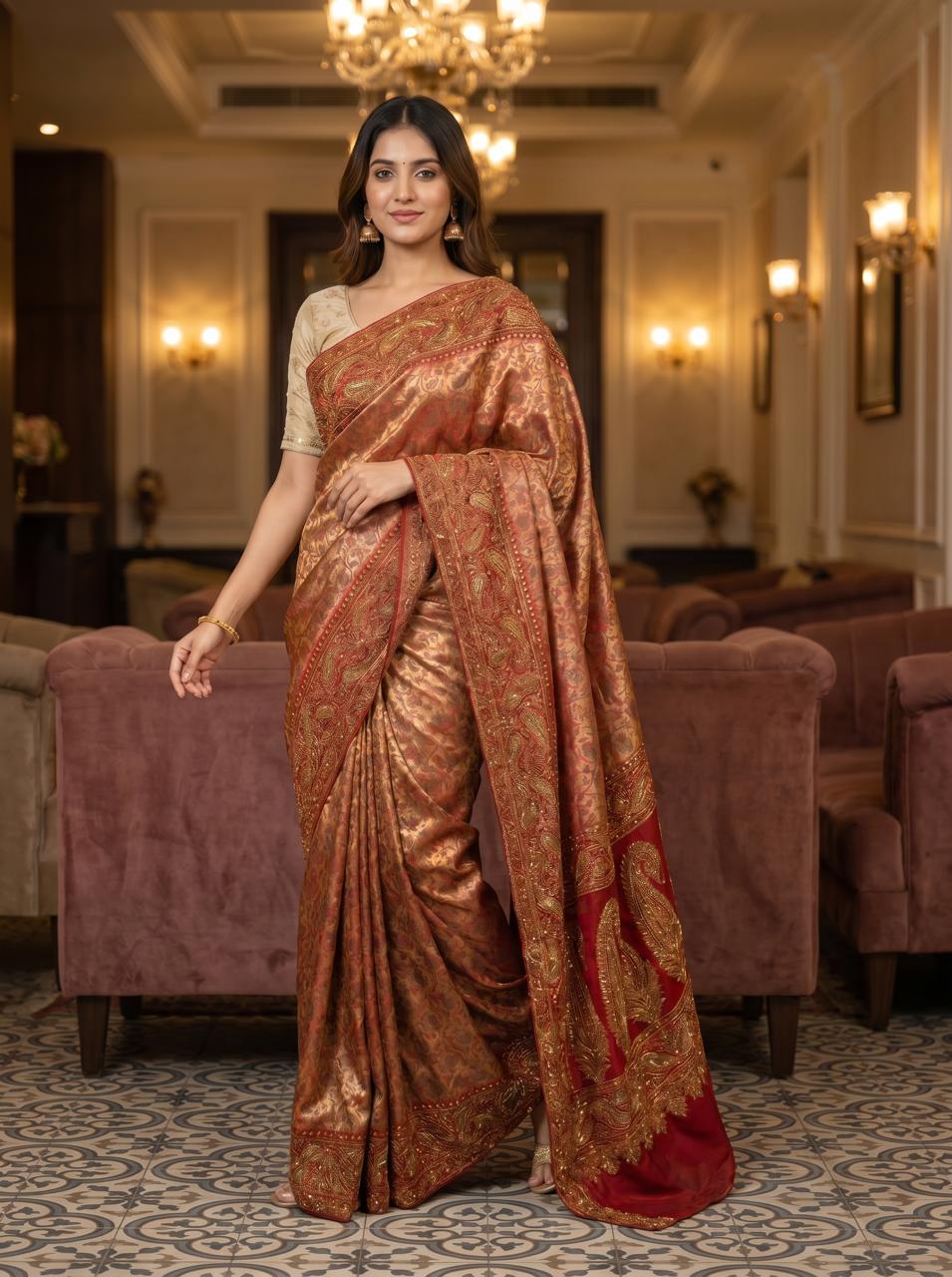 Copper Brown Silk saree with Embroidery