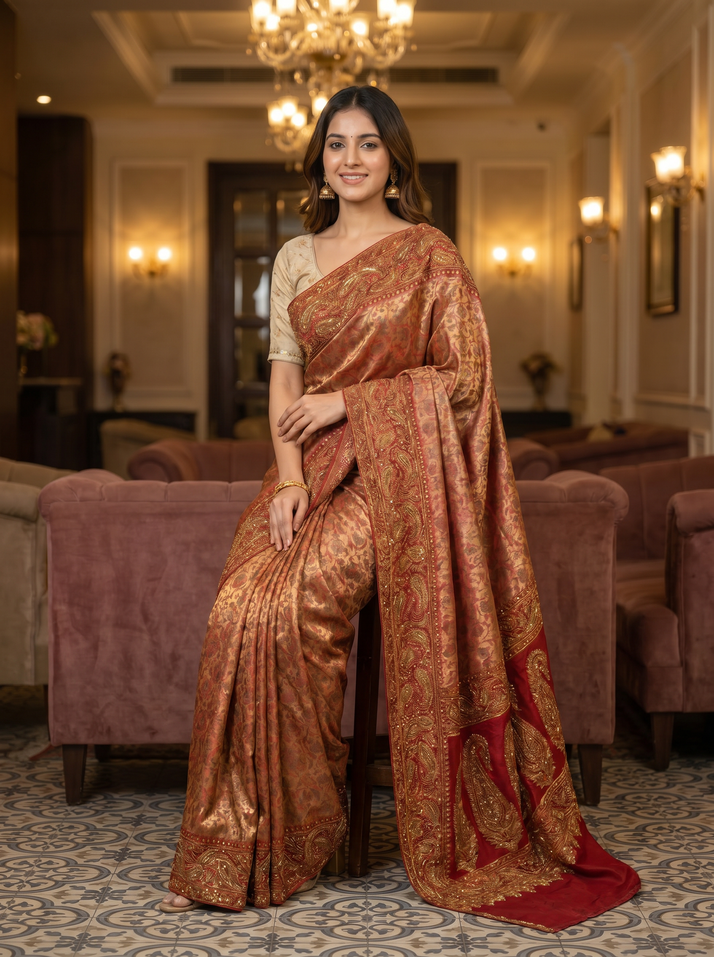 Copper Brown Silk saree with Embroidery