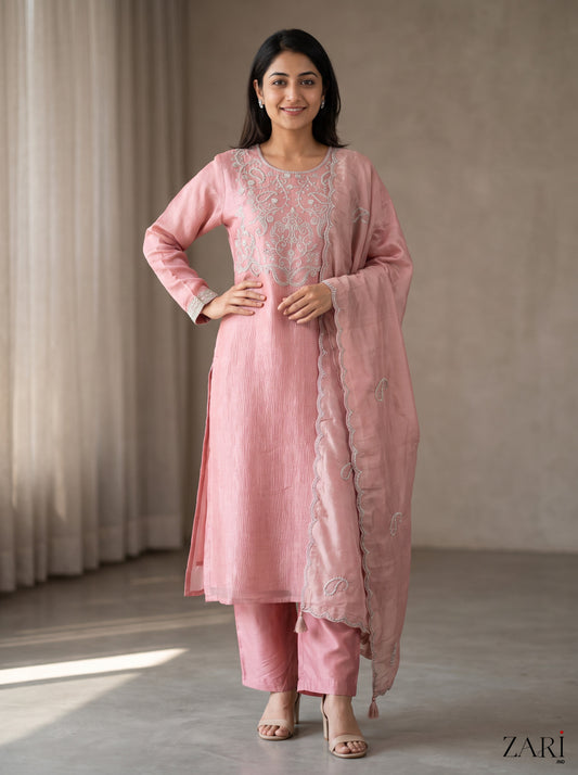Blush Pink Embroidered Kurta Set with Dupatta